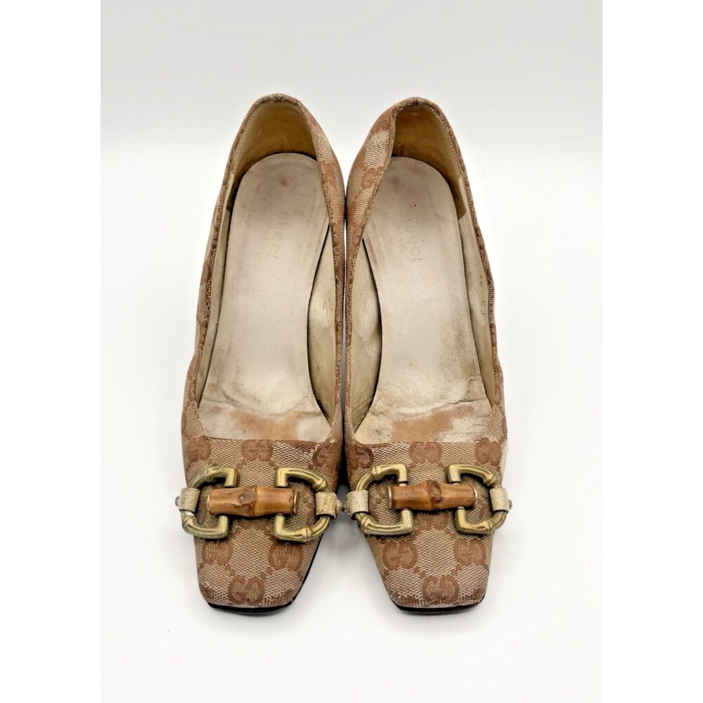 Gucci Canvas Monogram Square Toe Heels w/ Bamboo Horse Bit Accent Sz EU 36C 6